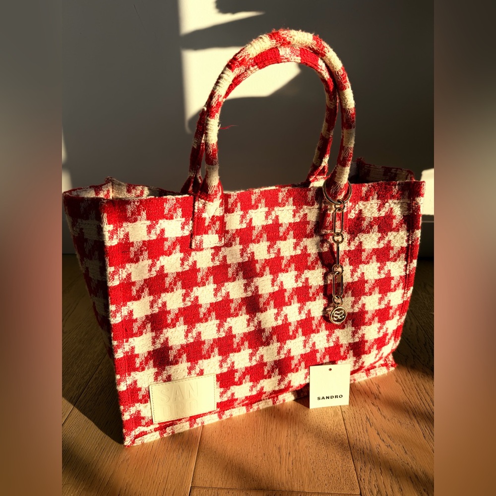 Sandro Red and Cream Houndstooth Tote